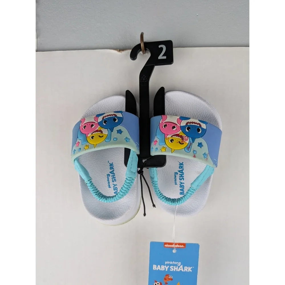 Baby Shark Infant Slide Sandals Blue White Elastic Back Strap Size 2